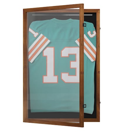 Flash Furniture Banks 24x36 Jersey Display Case with Solid Pine Wood Frame, UV Treated Acrylic Window, Velvet Backing Board, and Anti-Theft Lock in Rustic Brown HMHD-23M099YBN-RSTBRN-2436-GG